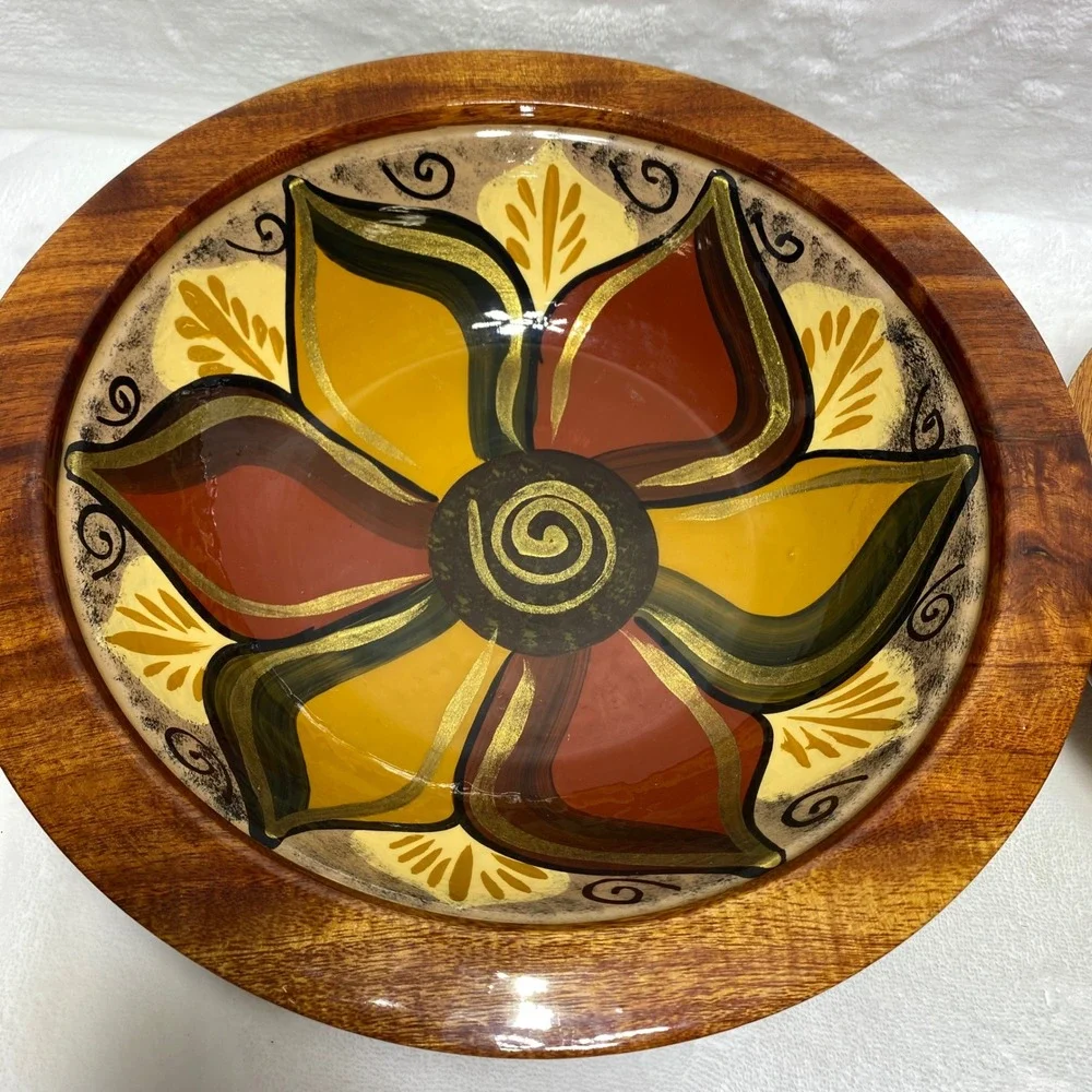 Clemente Los Cabos Wooden Bowl Set Hand Painted Floral Home Decor Colorful Bowls